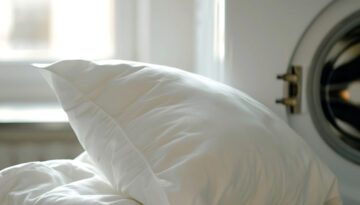 A crisp white pillow rests against freshly laundered bedding, glowing softly in natural daylight near an open front-loading washer. The scene radiates freshness, comfort, and care—an everyday moment elevated by the expertise of Park Avenue Laundry, proudly serving Bemidji, Minnesota for over 40 years.