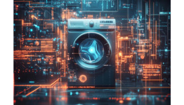 A sleek, modern washing machine stands at the center of a glowing digital grid, surrounded by futuristic orange and blue circuitry. The image blends technology with cleanliness, symbolizing innovation in laundry services. A perfect visual metaphor for Park Avenue Laundry of Bemidji, Minnesota—celebrating over 40 years of trusted service with a forward-thinking, high-tech edge.