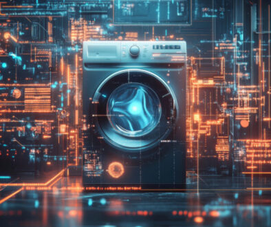 A sleek, modern washing machine stands at the center of a glowing digital grid, surrounded by futuristic orange and blue circuitry. The image blends technology with cleanliness, symbolizing innovation in laundry services. A perfect visual metaphor for Park Avenue Laundry of Bemidji, Minnesota—celebrating over 40 years of trusted service with a forward-thinking, high-tech edge.