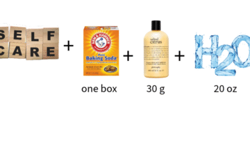 Image showing the ingredients for a homemade laundry detergent designed to help quit smoking naturally. Includes a “self-care” label, one box of Arm & Hammer baking soda, 30 grams of Philosophy Salted Citrus bodywash, and 20 ounces of water, symbolizing a blend of aromatherapy, alkalinity, and lifestyle science for detox and habit change.