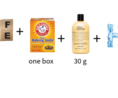 Image showing the ingredients for a homemade laundry detergent designed to help quit smoking naturally. Includes a “self-care” label, one box of Arm & Hammer baking soda, 30 grams of Philosophy Salted Citrus bodywash, and 20 ounces of water, symbolizing a blend of aromatherapy, alkalinity, and lifestyle science for detox and habit change.