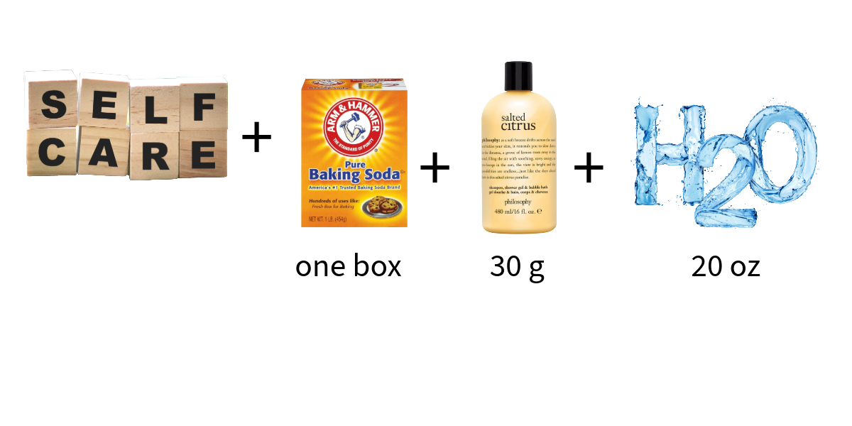Image showing the ingredients for a homemade laundry detergent designed to help quit smoking naturally. Includes a “self-care” label, one box of Arm & Hammer baking soda, 30 grams of Philosophy Salted Citrus bodywash, and 20 ounces of water, symbolizing a blend of aromatherapy, alkalinity, and lifestyle science for detox and habit change.