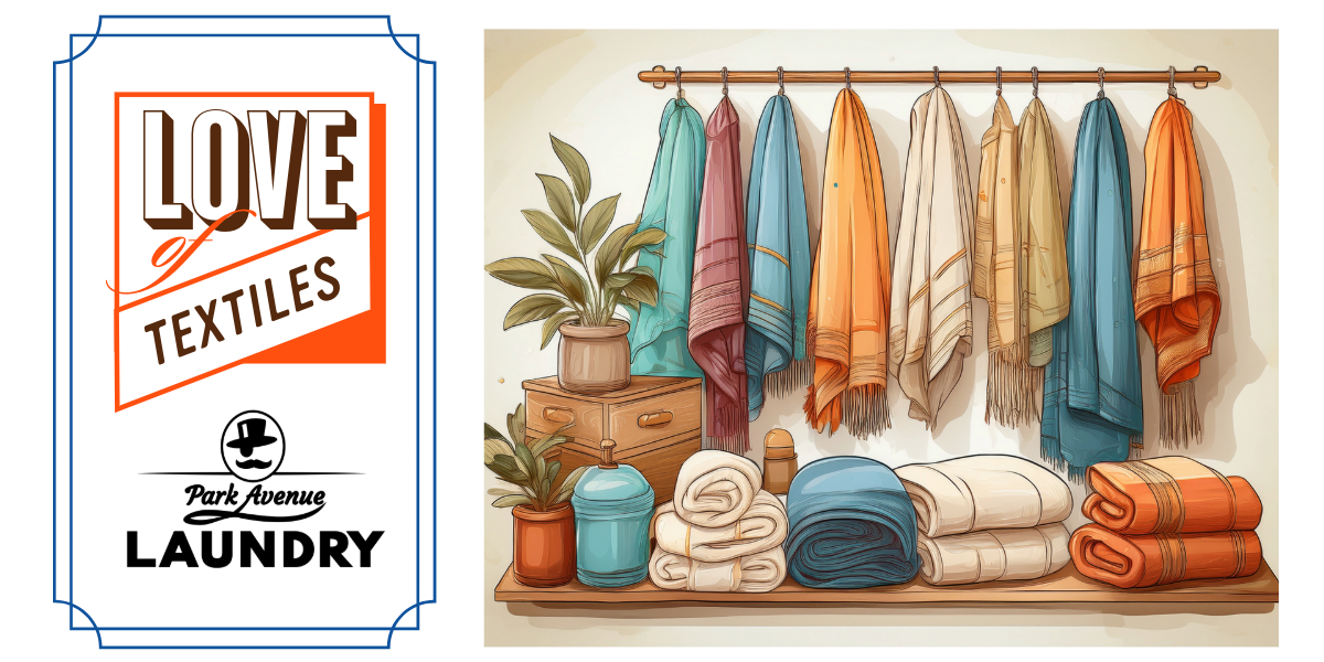 Neatly folded towels and hanging scarves in a calm laundry setting at Park Avenue Laundry, illustrating thoughtful textile care and fabric longevity.